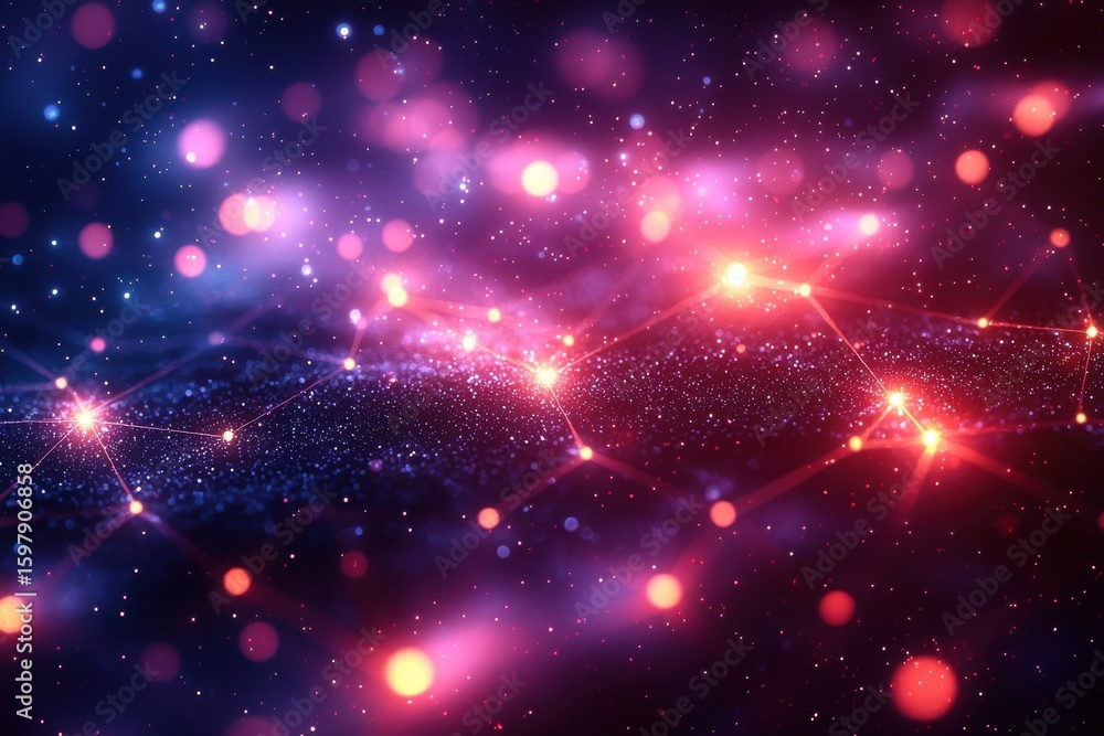Poster abstract glowing digital network nodes interconnected with vibrant neon lights