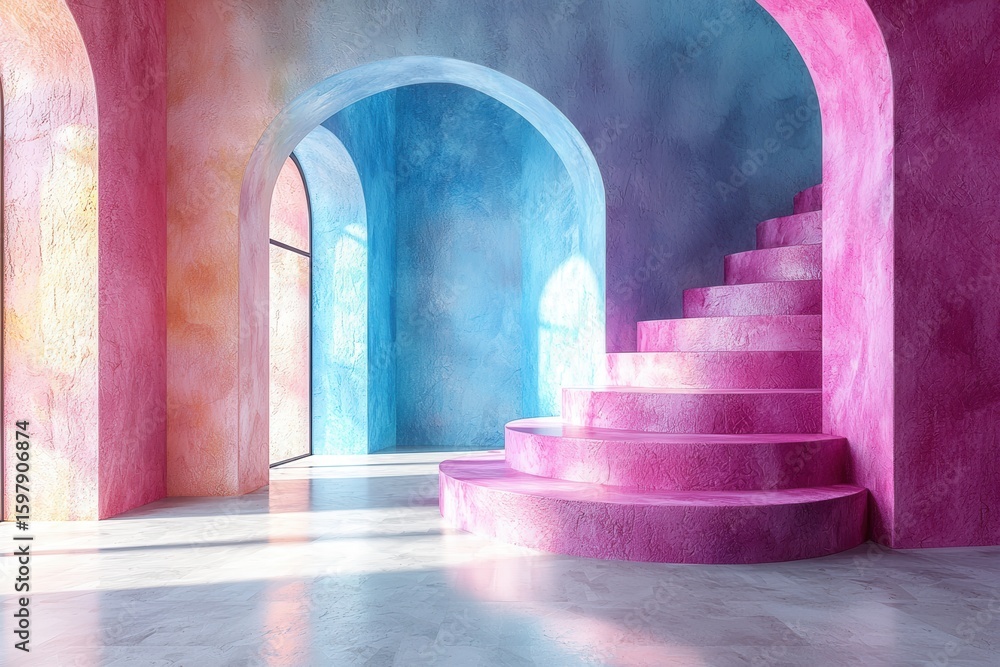 Poster abstract multi-colored empty room with a spotlighted circular podium