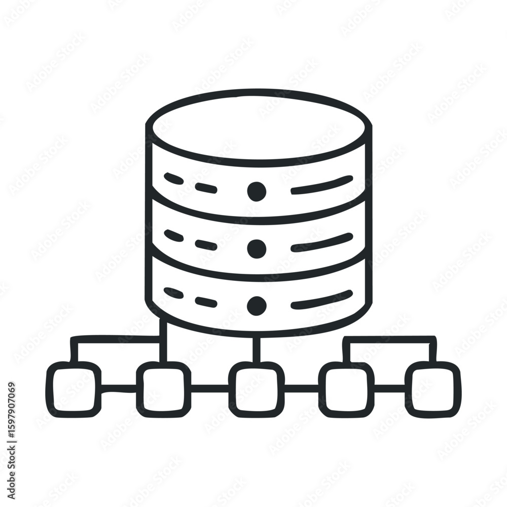 Poster database network icon: simplified server and connectivity illustration