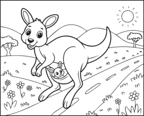  Cute kangaroo with baby in natural mountain scene black outline silhouette vector for coloring page or book design kids © Vect Village