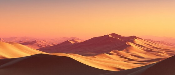 Obraz premium Golden desert landscape with rolling sand dunes under a warm sunset sky, creating a serene and vast vista perfect for travel, adventure, or nature themes.