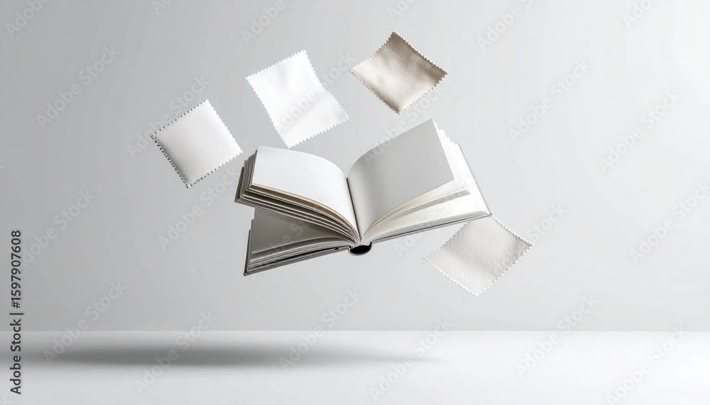 Poster fabric swatch book with floating samples on blank background