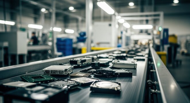 Inside view of ewaste recycling production line focusing on electronic scrap transportation.