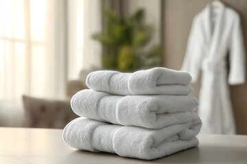 Soft white towels folded on wooden surface in natural light