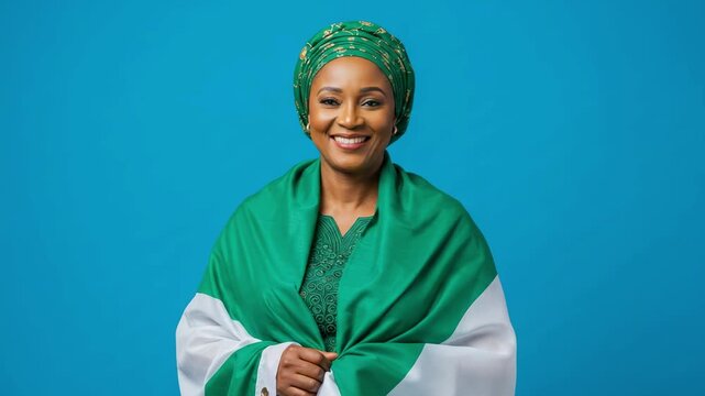 Smiling patriotic Nigerian woman wrapped in the national flag. Happy middle-aged African lady in traditional green attire celebrating her heritage against a blue background.