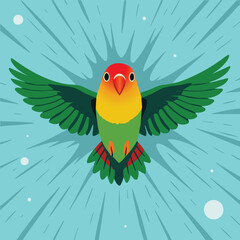 Flying Fishers  lovebird. The background is blue with stripes