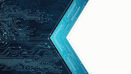 Abstract blue and white tech background with circuit board patterns and open white space for your content.