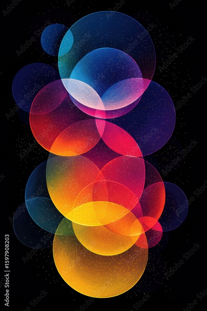 Poster vibrant abstract colorful overlapping circles with dark background and glowing texture