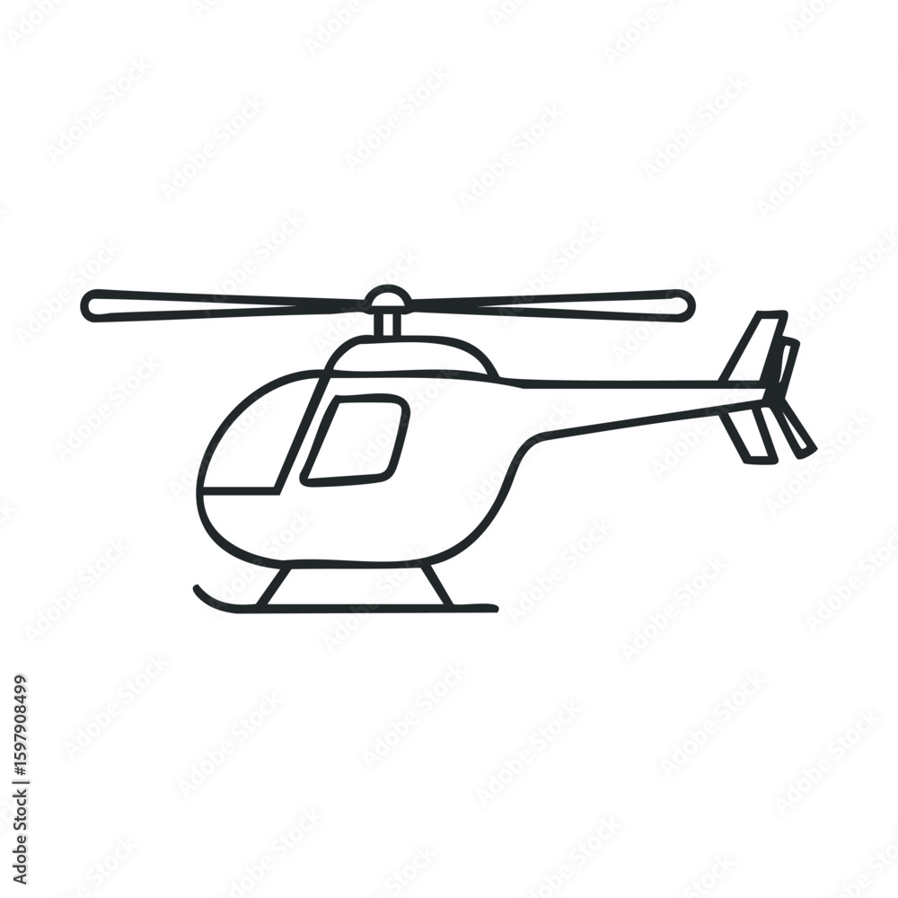 Poster outline drawing of a helicopter with rotors and tail rotor designed with minimalist lines