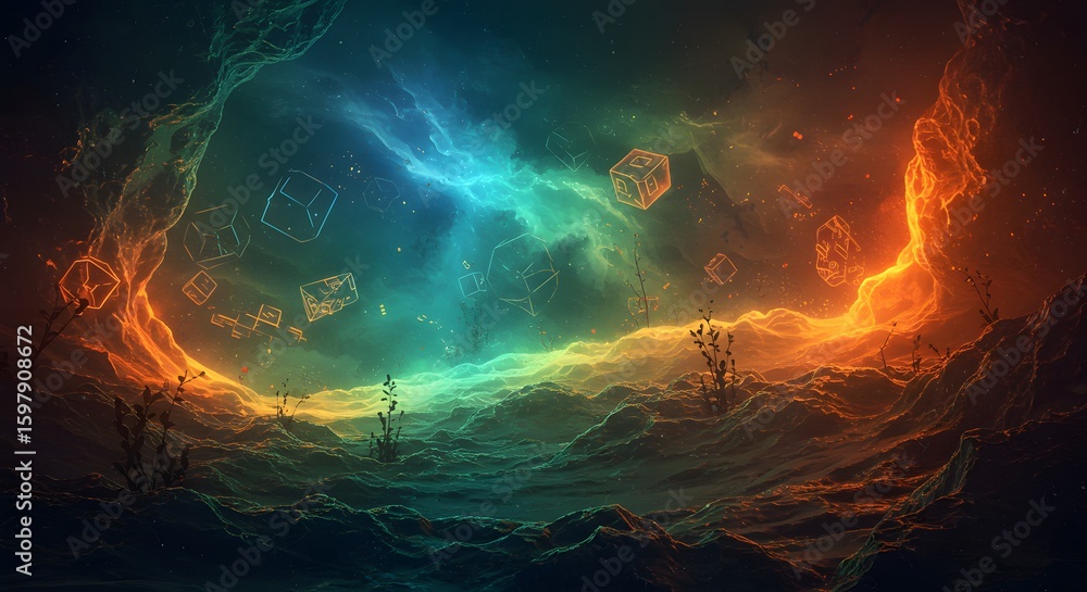 Aufkleber abstract surreal nebula landscape with floating geometric shapes and celestial glow.