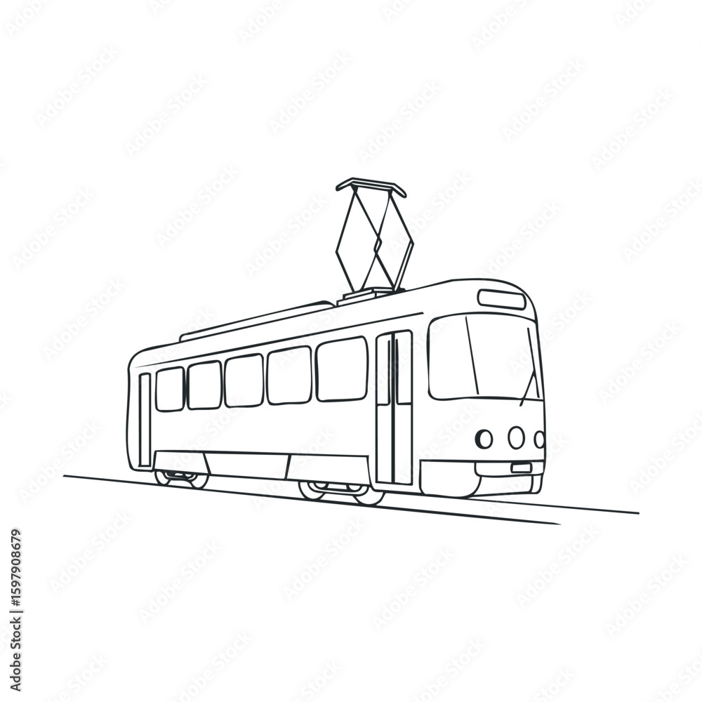 Poster line drawing of classic tram with overhead power lines on rails