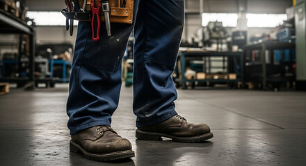 Fototapeta premium A construction worker stands in a factory wearing blue pants, brown boots, and a tool belt