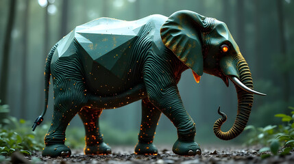 Obraz premium Futuristic elephant with geometric design and glowing eyes walking in a forest setting, creating a surreal and modern animal portrait