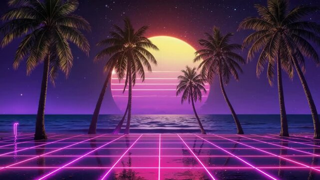 Synthwave palms reflecting on neon grid at sunset.