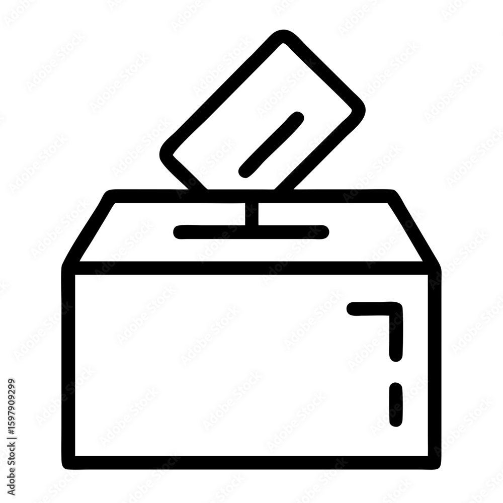 Poster illustration of a ballot box with a vote being inserted, depicted with simple black line drawing sty