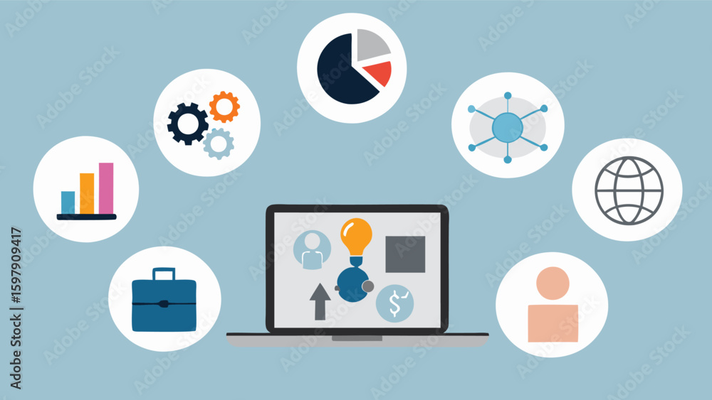 Fototapete Laptop displaying business icons surrounded by circular graphics on a pastel background