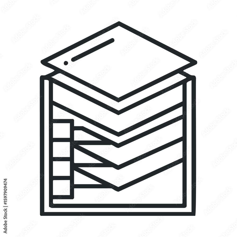 Poster abstract icon of document layers with drawer and lid in black and white design