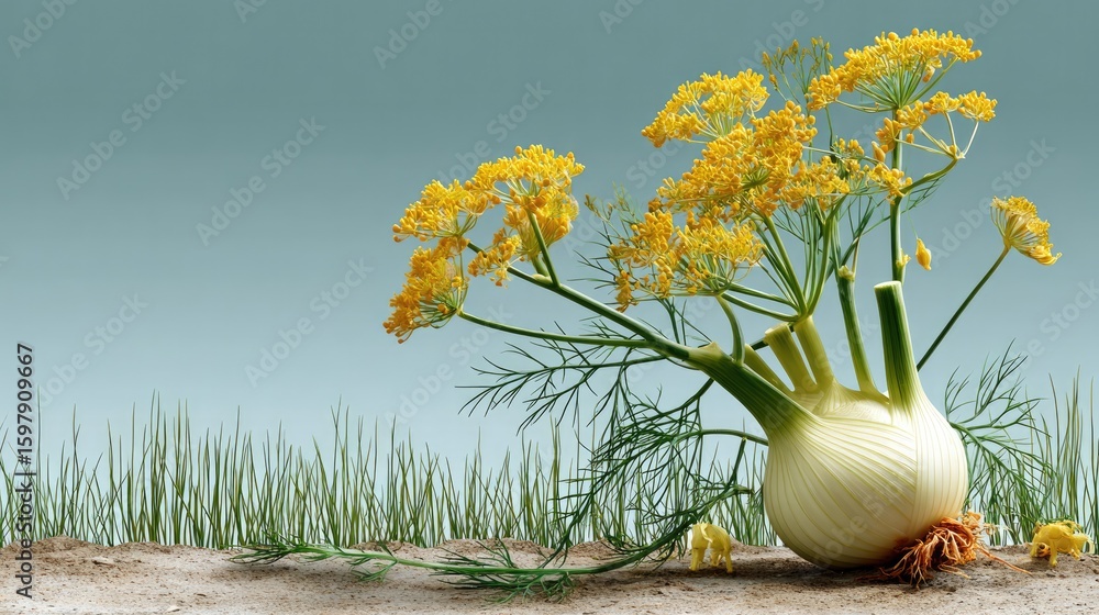 Poster fennel display: a captivating display of a single fennel bulb, showcasing its intricate structure an