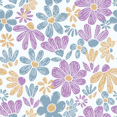 Lively floral pattern bursts with hand-drawn charm, featuring whimsical flowers in a delightful mix of lavender purple, dusty blue, and warm golden yellow.  