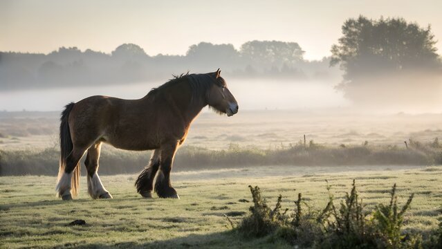 Jutland Draft Horse Standing Calmly in Misty Field