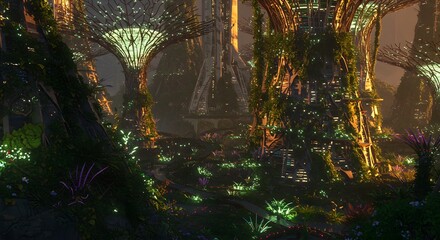 Fototapeta premium Enchanting Forest Scene with Glowing Trees and Lush Greenery. Fantasy Landscape Background.