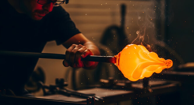 The mesmerizing dance of molten glass: a glassblower's artistic fusion of fire and breath, Crafting beauty from fire: the art of glassblowing, where molten dreams take shape