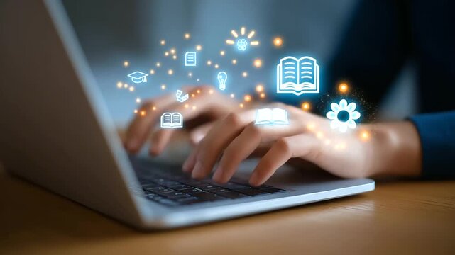Interactive e-learning platform displayed on a laptop with various educational icons.