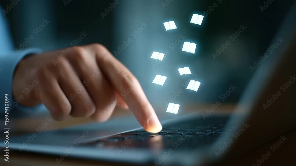 Poster a dynamic e-learning platform interface featuring floating book icons and a laptop keyboard.