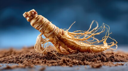 The Essence of Wellness: Captivating image of a ginseng root, nestled in soil, highlighting its natural form and potential benefits for overall well-being and vitality. 