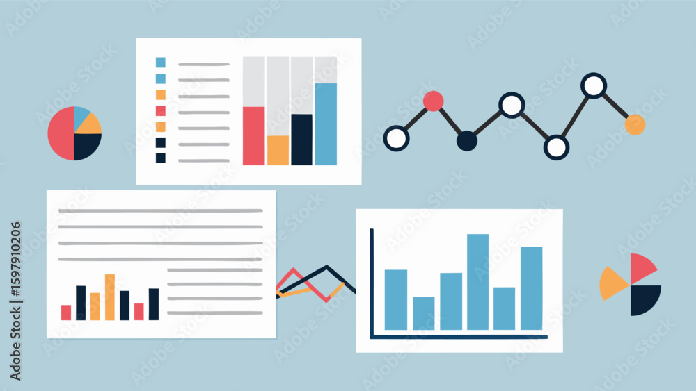 Poster illustration of various data charts including bar graphs line graphs and pie charts on a light blue 