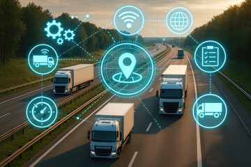 Autonomous trucks connected by digital network on highway technology logistics
