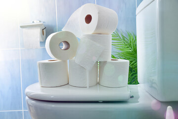 Stack of toilet papers on toilet bowl in blue bathroom