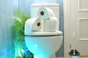 Stack of toilet papers on bowl in a blue bathroom