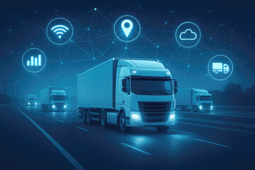 Autonomous white trucks on highway with digital network overlay transportation technology