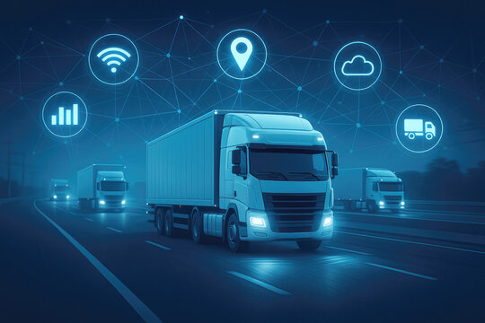 Autonomous white trucks on highway with digital network overlay transportation technology