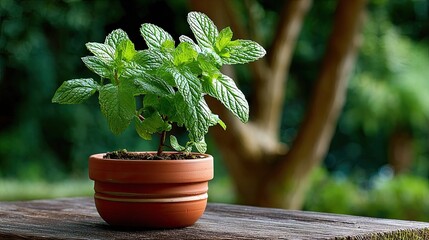 Mint Plant in a Pot: A vibrant mint plant, bursting with freshness, thrives in a rustic pot, against a blurred outdoor backdrop of a tree, evoking a sense of natural vitality.