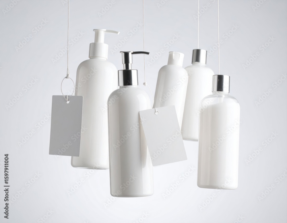 Poster floating white toiletry bottles with attached tags against clear background showcasing travel size p
