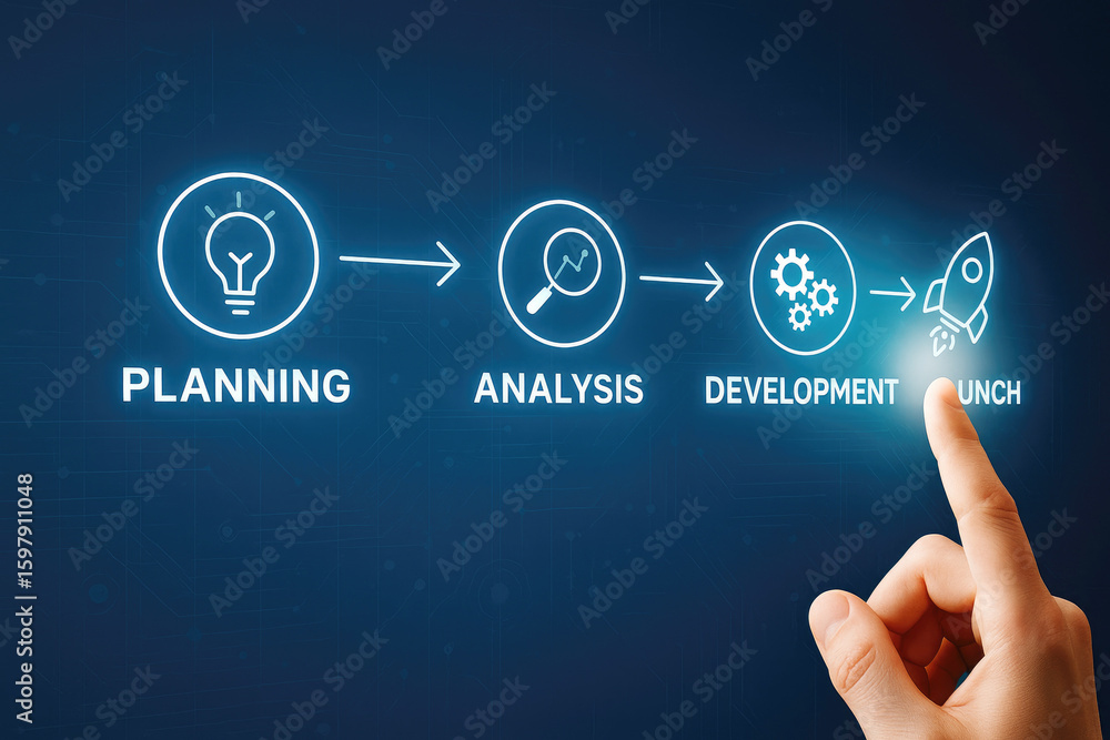 Poster business process flow chart with planning analysis development and launch icons growth