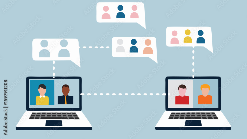 Poster two laptops displaying video calls connected by chat bubbles in a virtual meeting environment online