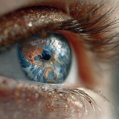 A close up of a person's eye with a blue iris and gold glitter. The eye is surrounded by a blue and gold halo, giving it a dreamy, ethereal quality