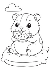 Coloring book cute guinea pig eating watermelon on a cushion.