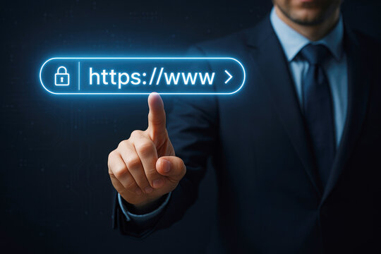 Businessman touching glowing digital address bar with padlock icon finger pointing