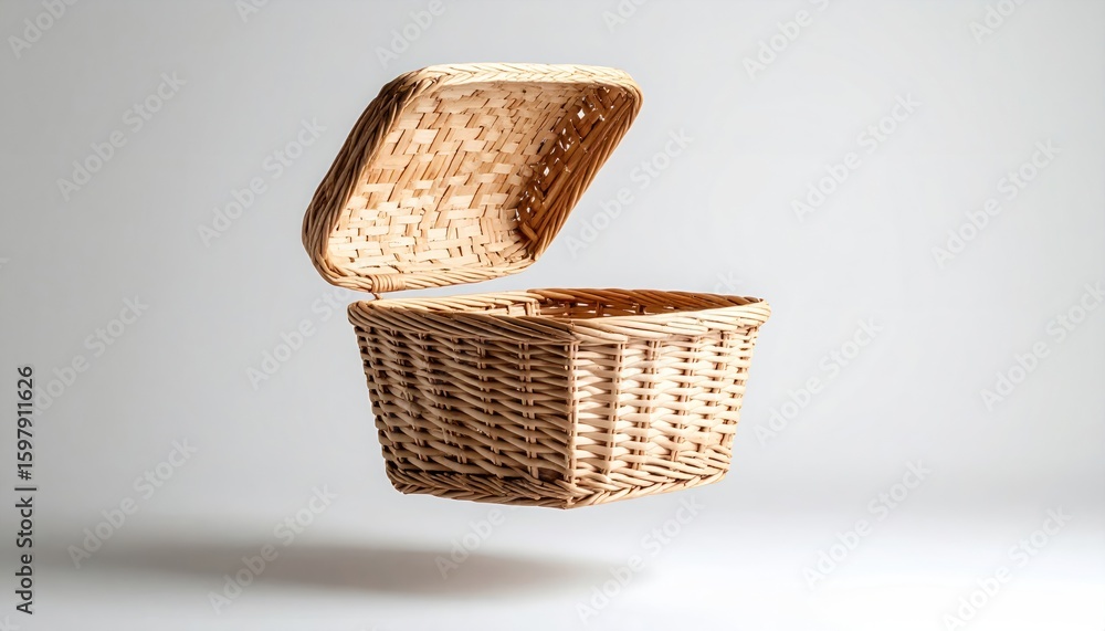 Poster floating woven hamper with slightly ajar lid on soft white background highlighting texture and shado