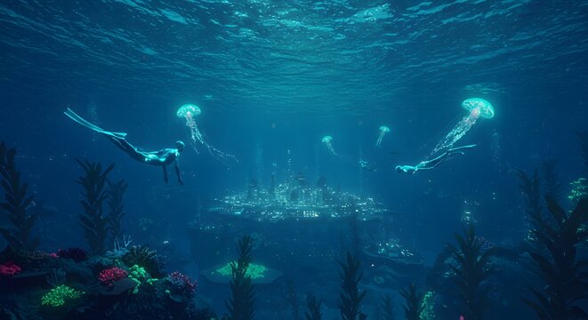 Underwater City Scene with Mermaid, Jellyfish and Coral Reefs - Ocean Fantasy Illustration - Powered by Adobe