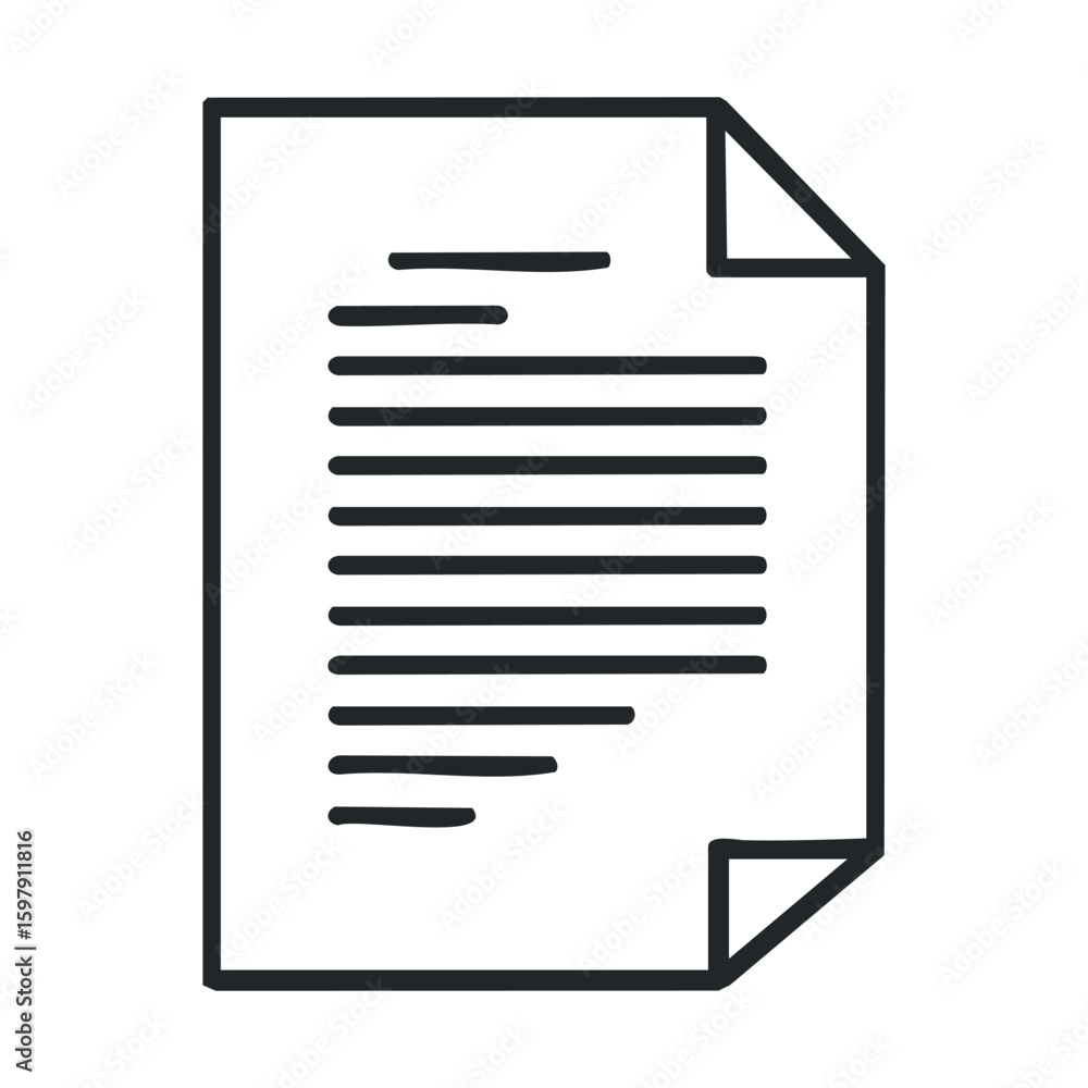 Poster document icon with folded corner and text lines in black outline design
