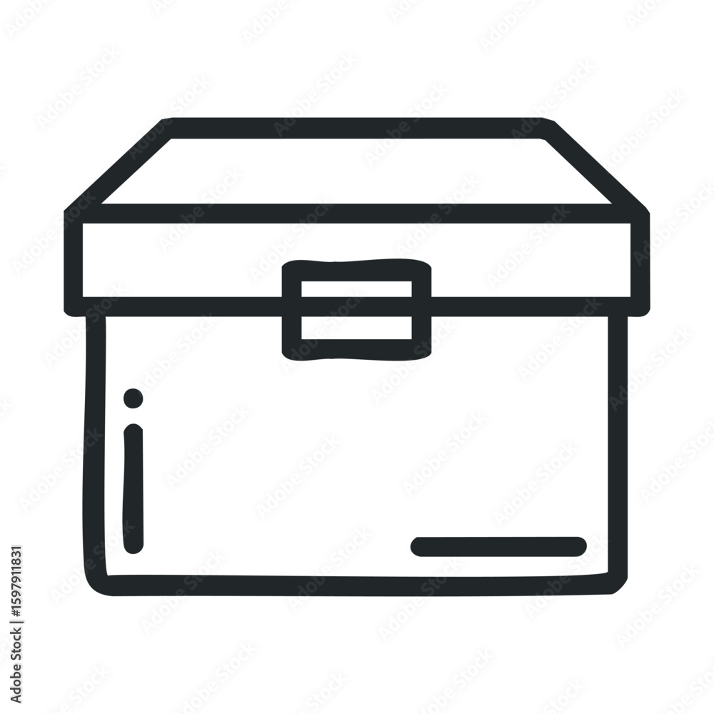 Poster simple line art drawing of a closed box with lid and locking mechanism