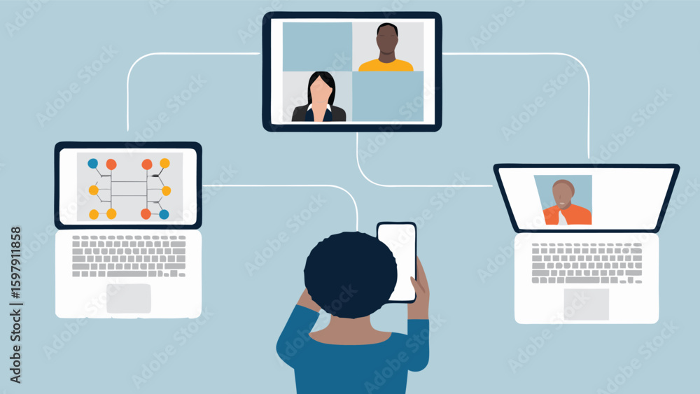 Poster person using multiple devices for video conference and data analysis with light blue background