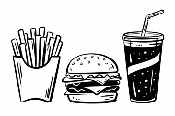 A classic fast food meal of a burger, fries, and soda is isolated on white background in a simple black and white line drawing