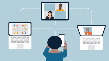 Person using multiple devices for video conference and data analysis with light blue background