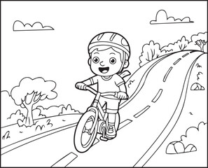 Beautiful bicycle riding by a cute boy on road in natural scenery black outline vector illustration for kids coloring book design